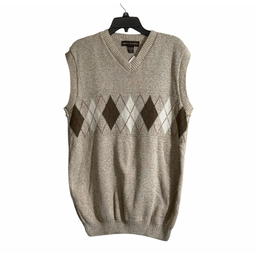 LIBERTY SWEATERS Men Med Pullover Sweater Vest Beige Brown Argyle Preppy NWT
